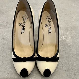 Chanel Ivory and Black Lambskin Peep Toe Pumps with Black Ribbon Trim